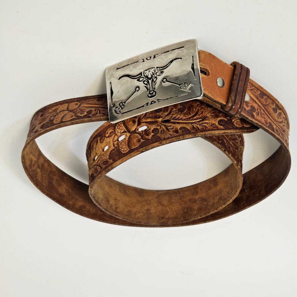 Vintage Chambers Belt Co. Tooled leather belt with bull's head buckle 43"